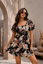 Casual Polyester Blend Puff Sleeves V-Neck Knee Legnth Drawstring Dress (41