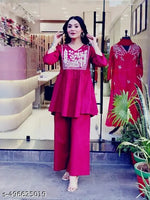 Women's Floral Yoke Design Pleated Thread Work A-Line Kurta with Trousers