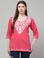 Rayon Short Kurti for Women | Embroidery Notch Neck | Three-Quarter Sleeve | Casual & Party Wear | Under 300 | Light fabrics | Summer wear | Summer kurti. Kashmiri Kurti Under 199