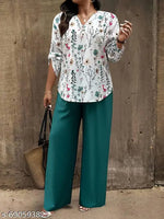Trendy Women's Blue Denim Set – Embroidered Leaf Design – Top & Palazzo Pants Combo