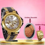 Rosra Golden Formal Watch For Men's Ring +Chain Freue (MOR RING+ CHAIN) For Men's