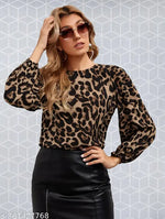 Casual Polyester Blend Round Neck Long Sleeves Animal Printed Black Stylish Top (