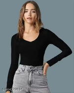 Casual Polyester Blend V-Neck Full Sleeves White Crop Top (17