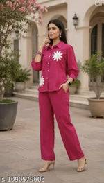 Trendy Women's Blue Denim Set – Embroidered Leaf Design – Top & Palazzo Pants Combo