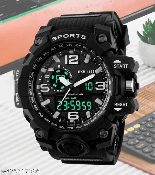Men's Black Multifunction Sports Watch with Analog Digital Display