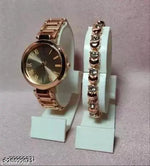 New Arrivals Festive Seasonal Stylish Throns Fit Round Ad Solid Gold Dial Metal Chain Belt Analog Watch with Attractive Diamond Studded Bracelet Combo for Women & Girls.