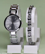 New Arrivals Festive Seasonal Stylish Throns Fit Round Ad Solid Gold Dial Metal Chain Belt Analog Watch with Attractive Diamond Studded Bracelet Combo for Women & Girls.