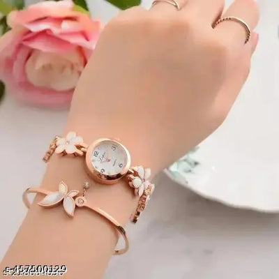 Flower Pattern Analogue Women's or Girls Watch (Rose Gold White)