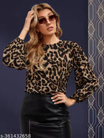 Casual Polyester Blend Round Neck Long Sleeves Animal Printed Black Stylish Top (