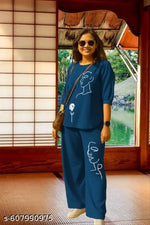 Trendy Women's Blue Denim Set – Embroidered Leaf Design – Top & Palazzo Pants Combo