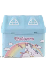ARN Unicorn Printed Hut  Shape Metal Coin Bank Piggy Bank for Kids with Lock and Key, Medium Heart  Piggy Bank Multicolor  ( pink or blue anyone as per availability)
