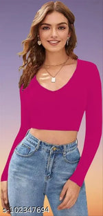Casual Polyester Blend V-Neck Full Sleeves White Crop Top (17