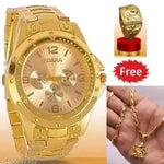 Rosra Golden Formal Watch For Men's Ring +Chain Free (MOR RING+ CHAIN) For Boys