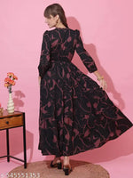 Sheetal Associates Black,Brown Abstract Print Puff Sleeves Fit and Flare Maxi Dress