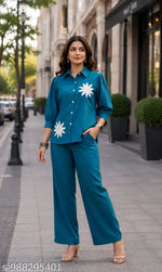 Trendy Women's Blue Denim Set – Embroidered Leaf Design – Top & Palazzo Pants Combo