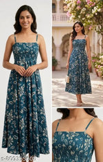 Samragyi women's stylish PURE & 100% RAYON (NO CREPE/POLYSTER) rayon leaf printed brown long off shoulder strap sleeveless high and good quality gowns Dresses for women and girls long dress sleeveless dress sleeveless dress for women and girls
