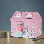 ARN Unicorn Printed Hut  Shape Metal Coin Bank Piggy Bank for Kids with Lock and Key, Medium Heart  Piggy Bank Multicolor  ( pink or blue anyone as per availability)