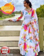 FQ Flower Print Long Kurti With Dupatta (No Bottom wear)