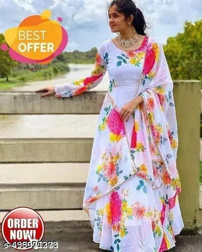 FQ Flower Print Long Kurti With Dupatta (No Bottom wear)