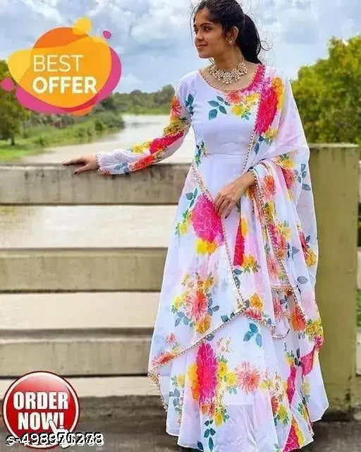 FQ Flower Print Long Kurti With Dupatta (No Bottom wear)