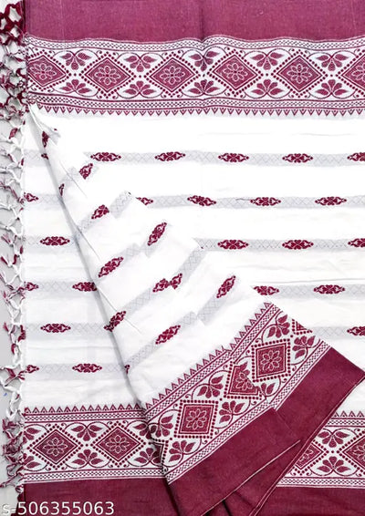 Pure Cotton White & Red Saree Kanjivaram Duraga Puja