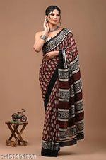 JAIPURI PRINT Women's Ikat Hand Block Print Pure 100% Cotton Mulmul Saree With Blouse