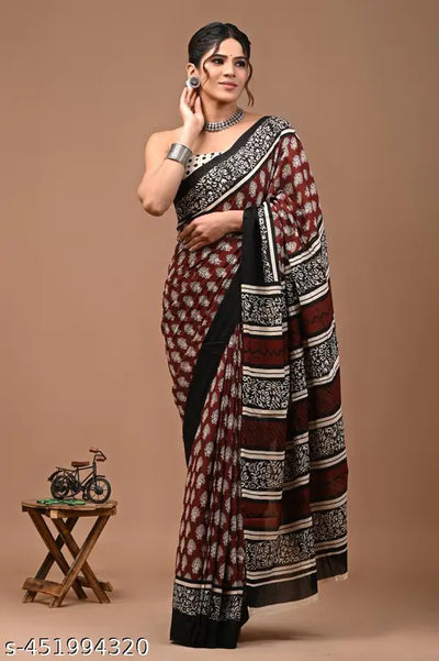 JAIPURI PRINT Women's Ikat Hand Block Print Pure 100% Cotton Mulmul Saree With Blouse