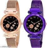 Isa Analogue Butterfly Flower Design Dial PU Strap Analog Girl's and Women's Watch (BLACK,PINK-Pack of 2)