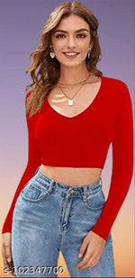 Casual Polyester Blend V-Neck Full Sleeves White Crop Top (17