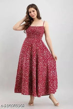Samragyi women's stylish PURE & 100% RAYON (NO CREPE/POLYSTER) rayon leaf printed brown long off shoulder strap sleeveless high and good quality gowns Dresses for women and girls long dress sleeveless dress sleeveless dress for women and girls