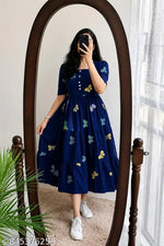 Women’s Black Printed Cotton Blend Fit & Flare Midi Dress | Puff Sleeve Casual A-Line Dress | Elegant Office, Party & Daily Wear Dress