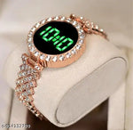 SHMOFY LUXRY DIAMOND CRYSTAL, SILVER CHAIN DIGITAL DIAL STAINLESS STEEL Digital Watch For Women