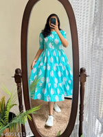 Women’s Black Printed Cotton Blend Fit & Flare Midi Dress | Puff Sleeve Casual A-Line Dress | Elegant Office, Party & Daily Wear Dress