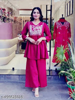 Women's Floral Yoke Design Pleated Thread Work A-Line Kurta with Trousers