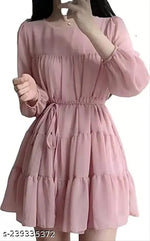 Fancy Georgette Knee Length Full Sleeve Round Neck Dori Belt  Dress