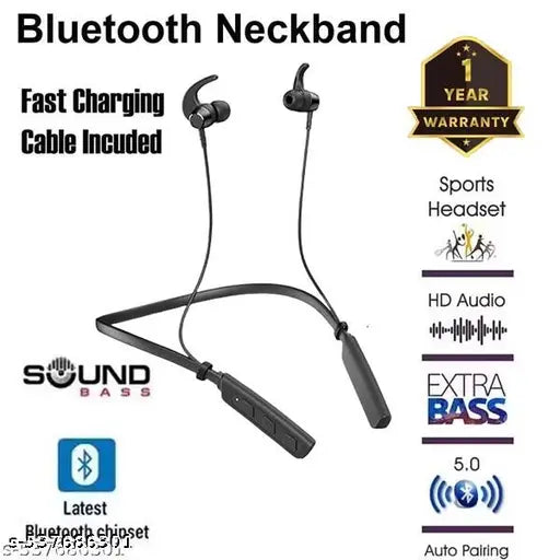 Black Bluetooth Neckband, Bluetooth Earphones, Fast Charging HD Quality Sound, neckband wireless headphone earbuds, Bluetooth Headphones with Long Hours of Playtime & Compatible for all Smartphones - Black