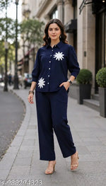 Trendy Women's Blue Denim Set – Embroidered Leaf Design – Top & Palazzo Pants Combo