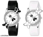 Isa Analogue Butterfly Flower Design Dial PU Strap Analog Girl's and Women's Watch (BLACK,PINK-Pack of 2)