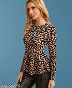Casual Polyester Blend Round Neck Long Sleeves Animal Printed Black Stylish Top (