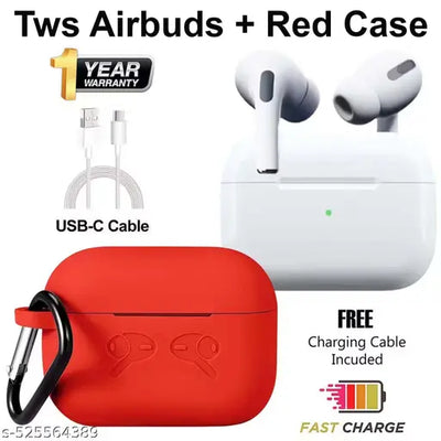 Tws Earbuds Pro, White Airbud, TWS Headphone, Tws earphone, True Wireless Bluetooth Headphone, True Wireless Bluetooth Earphones with red Case, Compatible for all Smartphones