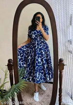 Women’s Black Printed Cotton Blend Fit & Flare Midi Dress | Puff Sleeve Casual A-Line Dress | Elegant Office, Party & Daily Wear Dress