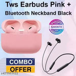 TWS Earbuds, True Wireless Bluetooth Headphone, TWS earphone, bluetooth headset, 36 Hrs Playtime, 10mm HD Drivers, Best Quality Wireless Bluetooth Headphones & Earphones, Touch Control, Sweat Proof (Pink)