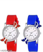 Isa Analogue Butterfly Flower Design Dial PU Strap Analog Girl's and Women's Watch (BLACK,PINK-Pack of 2)