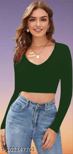 Casual Polyester Blend V-Neck Full Sleeves White Crop Top (17