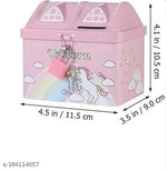 ARN Unicorn Printed Hut  Shape Metal Coin Bank Piggy Bank for Kids with Lock and Key, Medium Heart  Piggy Bank Multicolor  ( pink or blue anyone as per availability)