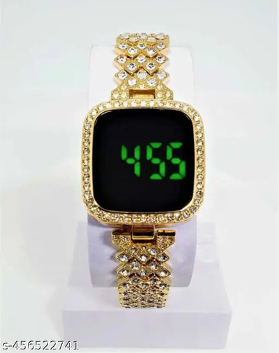 SHMOFY LUXRY DIAMOND CRYSTAL, SILVER CHAIN DIGITAL DIAL STAINLESS STEEL Digital Watch For Women