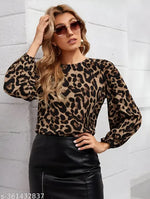 Casual Polyester Blend Round Neck Long Sleeves Animal Printed Black Stylish Top (