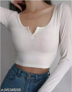 Casual Polyester Blend V-Neck Full Sleeves White Crop Top (17