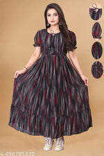 Sheetal Associates Black,Brown Abstract Print Puff Sleeves Fit and Flare Maxi Dress
