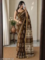 JAIPURI PRINT Women's Ikat Hand Block Print Pure 100% Cotton Mulmul Saree With Blouse
